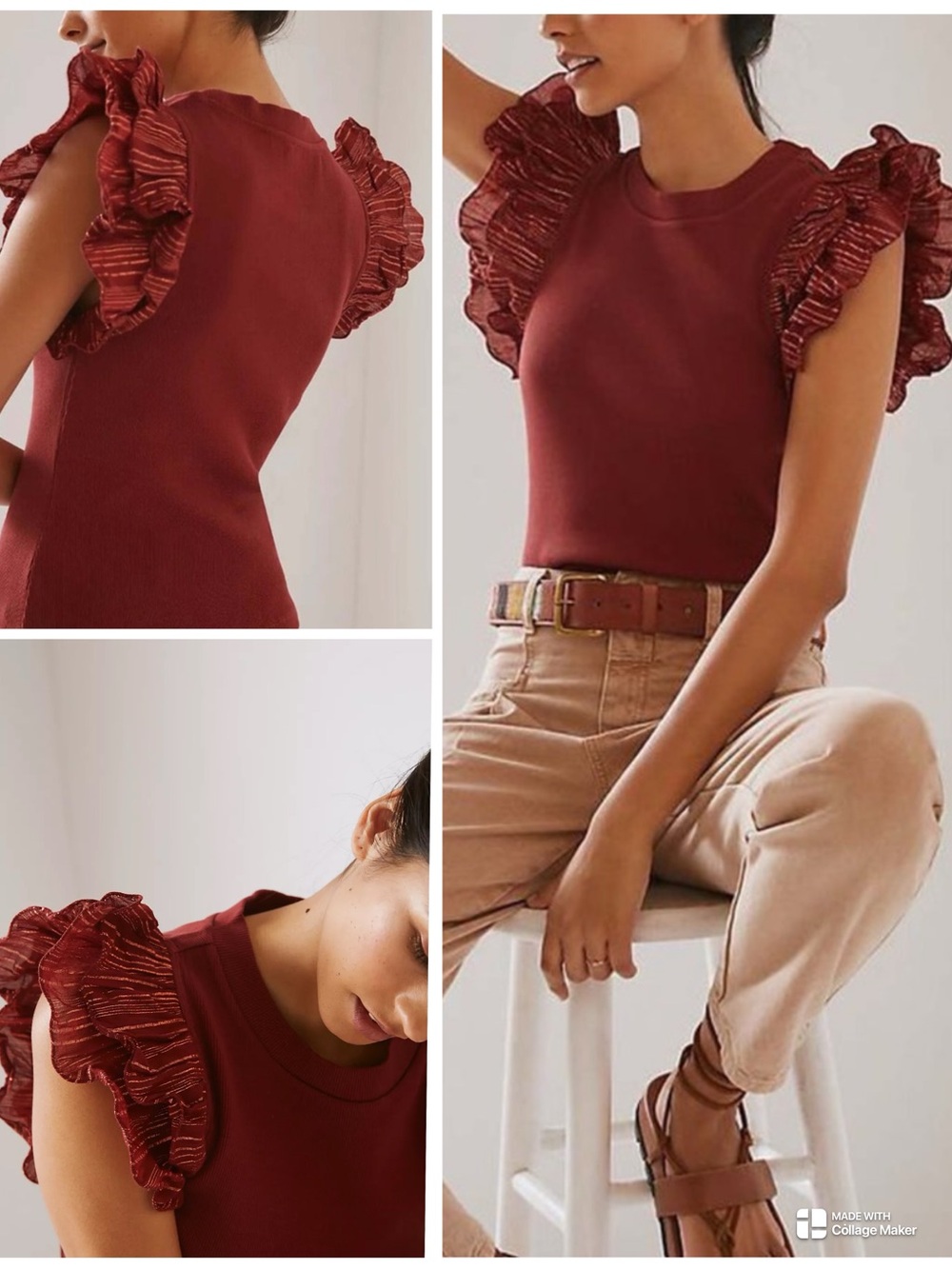 Anthropologie Lurex Ruffle Sleeve Tank Top Rust Red Metallic Large